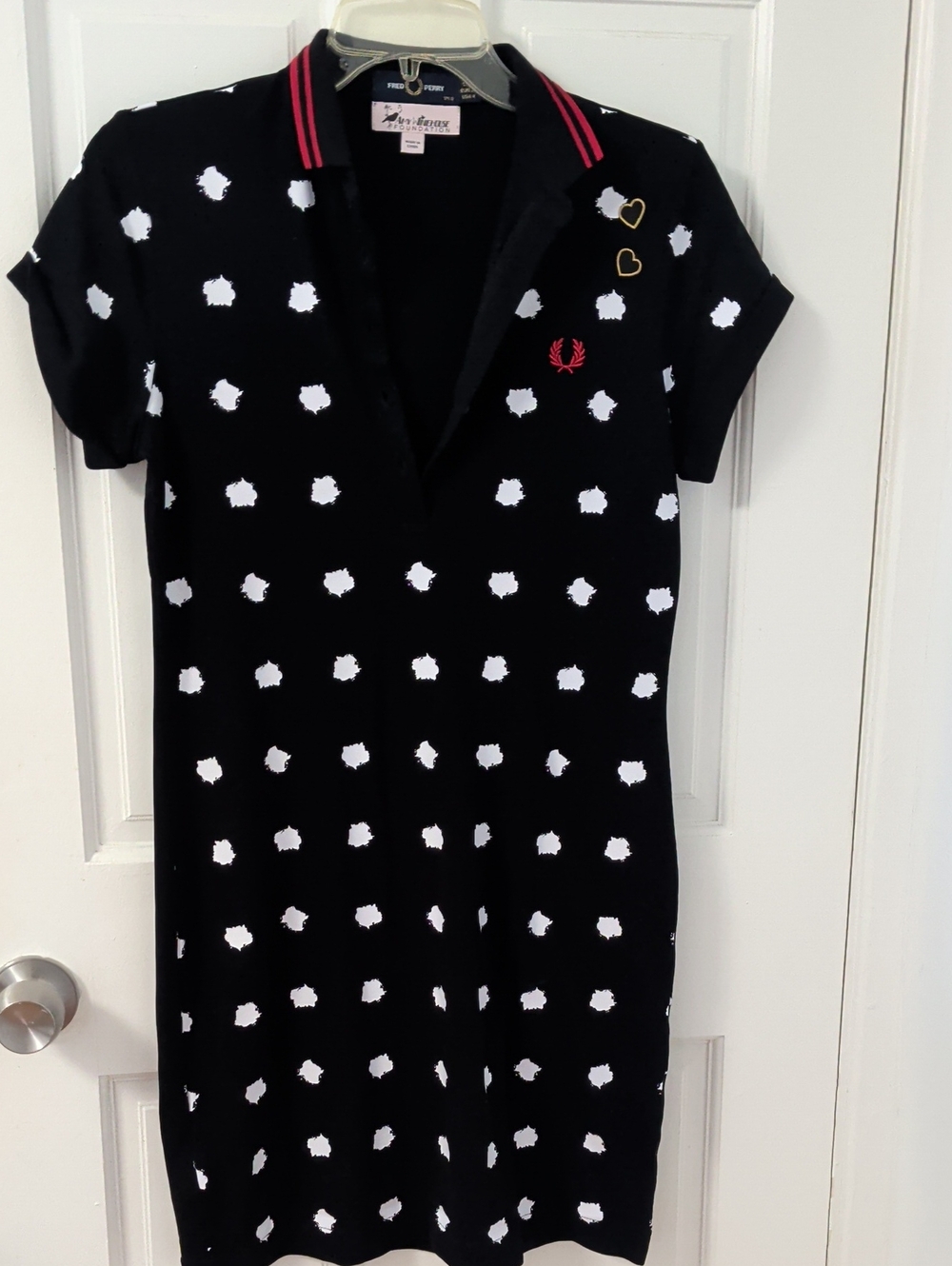 Fred Perry Black Polo Dress with White Polka Dots and Pink Trim
